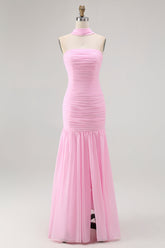 Blush Trägerloses Gerafftes Langes Brautjungfernkleid mit Schlitz